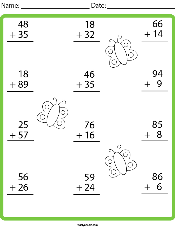 2 Digit Addition With Regrouping Math Worksheet - Twisty Noodle